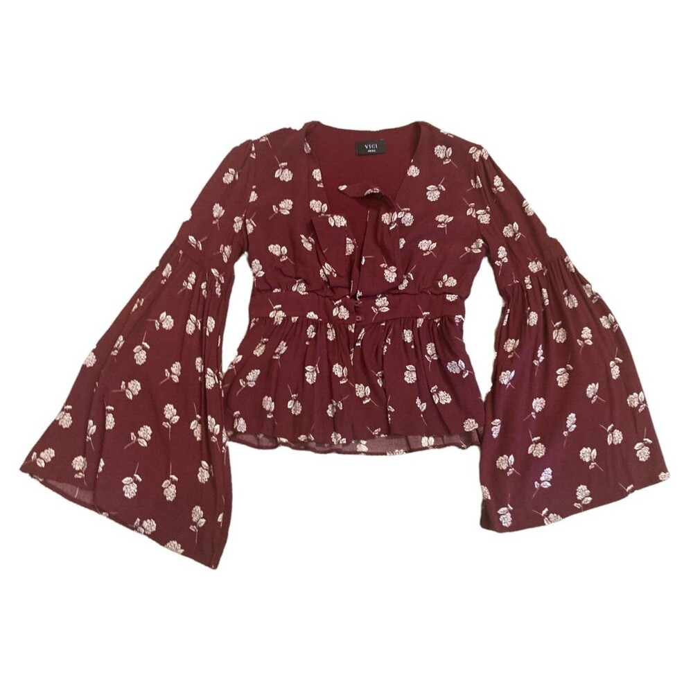 VICI top S bell sleeve maroom flowers boho flounce fairy cottage plunge neck